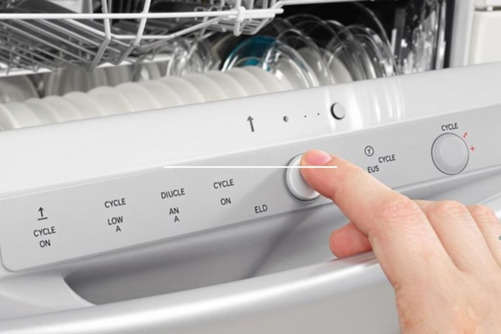 A person pressing the button on a dishwasher, symbolizing appliance repair service in action.